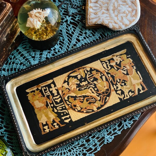 Vintage Egyptian Revival Painted Etched Metallic Colored Decorative Tray
