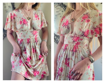 1970s Handmade Pink Floral Midi Dress / Vintage Flutter Sleeve Spring Dress / Ivory Summer Sundress / Women's Size Small