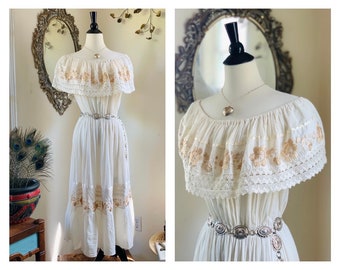 1970s Ivory Oaxacan Embroidered Dress / Vintage Floral Off The Shoulder Midi Dress / Bohemian Goddess Spring - Summer Dress / Women's Size M