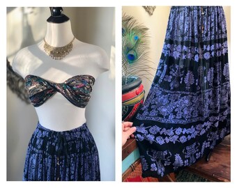 1990s Blue Paisley Maxi Gypsy Skirt / Vintage Floral Bohemian Style Drawstring Skirt / Made in India / Fits Most Sizes
