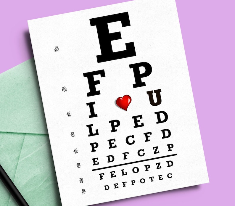Optometry eye doctor card love vision chart Snellen lovers valentines day anniversary optometrist cute ophthalmology
