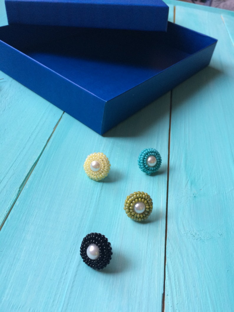 Beaded stud earrings Black-and-White Trendy stud errings Embroidered stud earrings Unique studs Big stud earrings OOAK studs