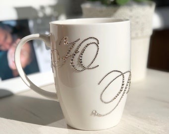 rhinestones personalized mug Customized sparkling ceramic mug with initials Monogram rhinestone custom mug with initials
