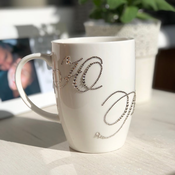 rhinestones personalized mug Customized sparkling ceramic mug with initials Monogram rhinestone custom mug with initials