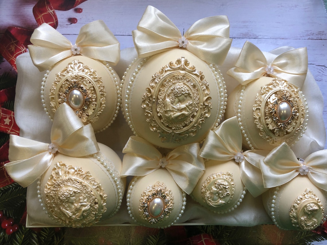 Ivory Christmas ornaments 7pcs set Christmas balls handmade | Etsy