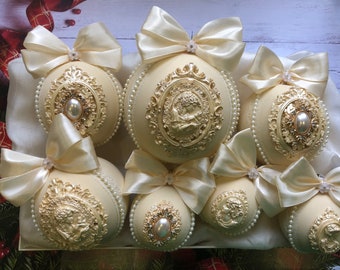 Ivory Christmas ornaments 7pcs set Christmas balls handmade Christmas tree balls in vintage style Xmas tree decor Christmas gift