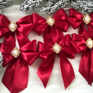 Red Christmas tree bows / Christmas tree silver decor / Christmas bows for ornaments/ Christmas decorative bows with brooches