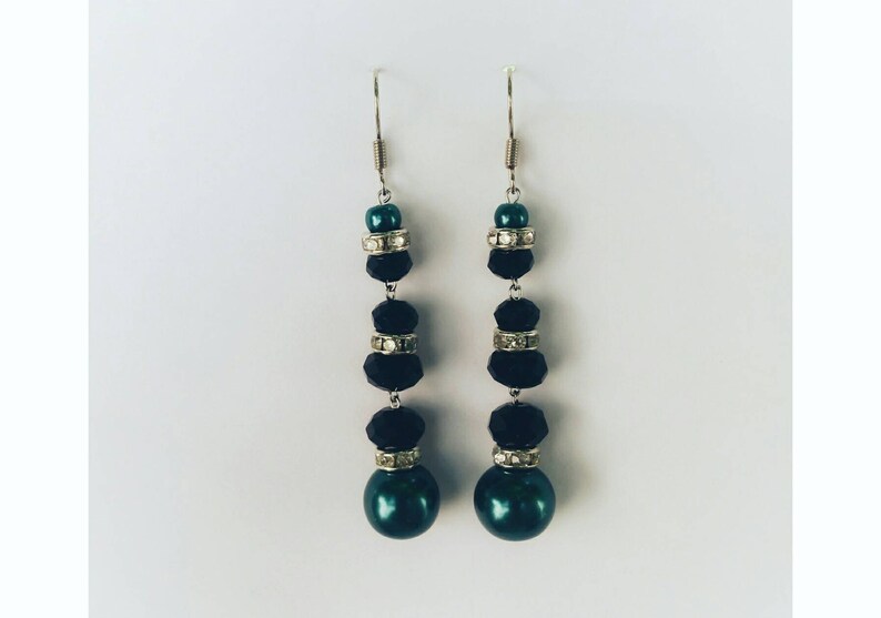 Beaded emerald long earrings party drop black green earrings everyday chandelier earrings big bead stylish bridesmaid earrings