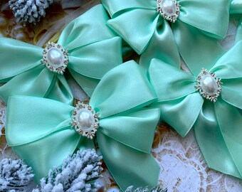 Christmas tree bows set mint Christmas bows for tree decor Christmas decorative bows silver brooches Christmas decor 2025 Xmas tree bows