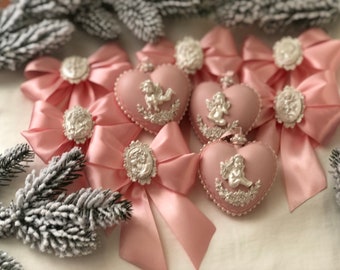 Blush pink Christmas heart ornament and bows Christmas ornaments Christmas heart handmade Luxury Christmas tree balls  Xmas tree decor