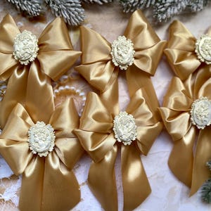 Gold Christmas Tree Bows Set of 6-24pcs / Light Gold Ribbon Bows with Vintage Cameo Cabochon – Elegant Xmas Tree Ornaments Decoration