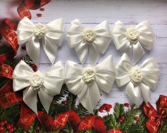 Christmas tree bows 6pcs set Christmas tree decor white bows with cameo in vintage style Christmas bows for decoration Christmas tree bows