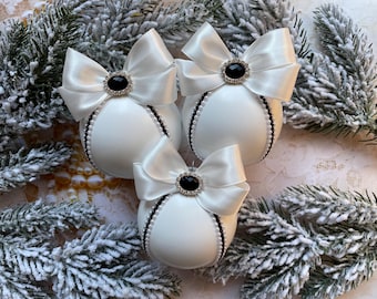 Juego de adornos navideños en blanco y negro, adornos para árboles de Navidad, bolas para árboles de Navidad en estilo vintage, decoración navideña, regalo de Navidad hecho a mano