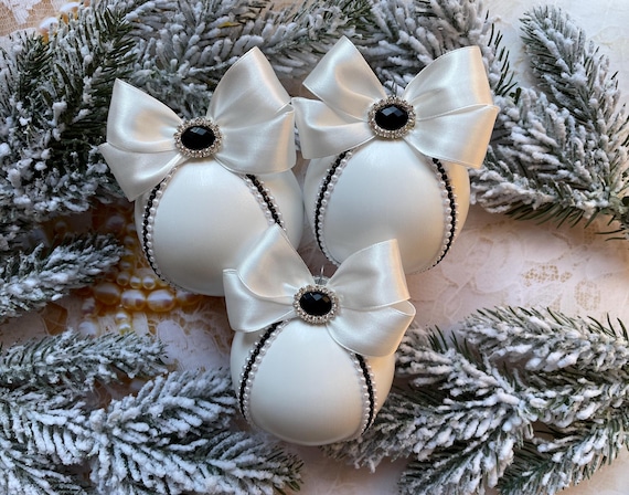Weiß schwarz Christbaumschmuck Set Christbaumschmuck Christbaumkugeln im Vintage Stil Xmas Dekor Weihnachtsgeschenk handgefertigt