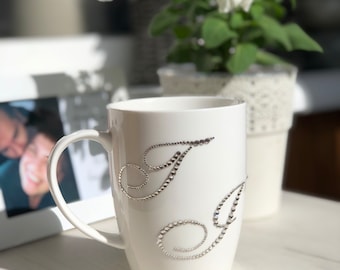 Personalized mug with rhinestones Customized sparkling ceramic mug with initials Monogram rhinestone mug cup with initials gift for friend