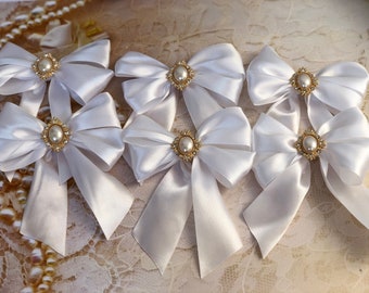 White Christmas bows set Decorative Christmas bows for tree Christmas bows with hook Christmas decorative bows with brooches vintage