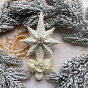 White Christmas Star Tree Topper with Pearls, Rhinestones & Angel – Vintage Style Xmas Tree Topper Ornament – Holiday Decor in Gift Box