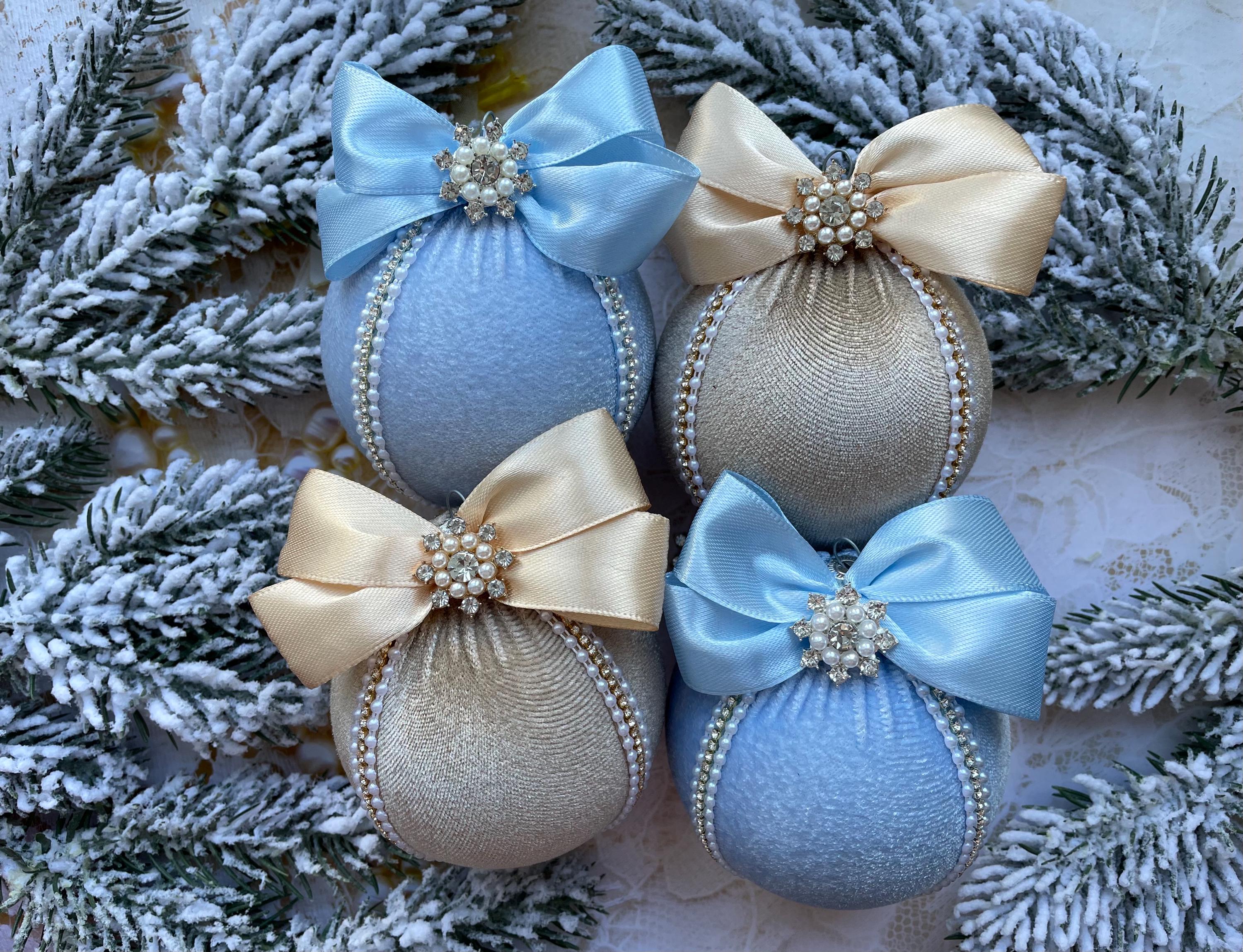 Christbaumschmuck Blau & Beige Samt Weihnachtsbaum Ornamente Handarbeit Vintage Stil Weihnachten Strass Dekor 2024 Weihnachtsdekoration