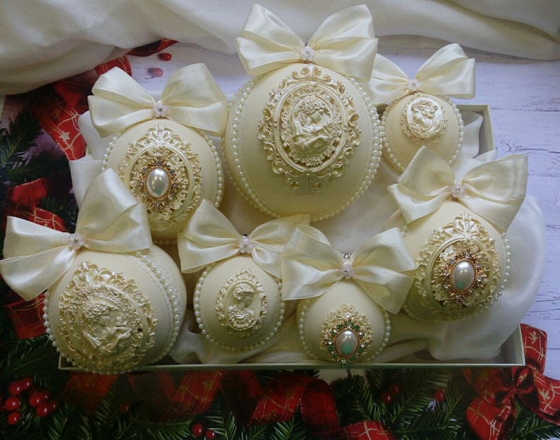 Ivory Christmas Ornaments 7pcs Set Christmas Balls Handmade Etsy