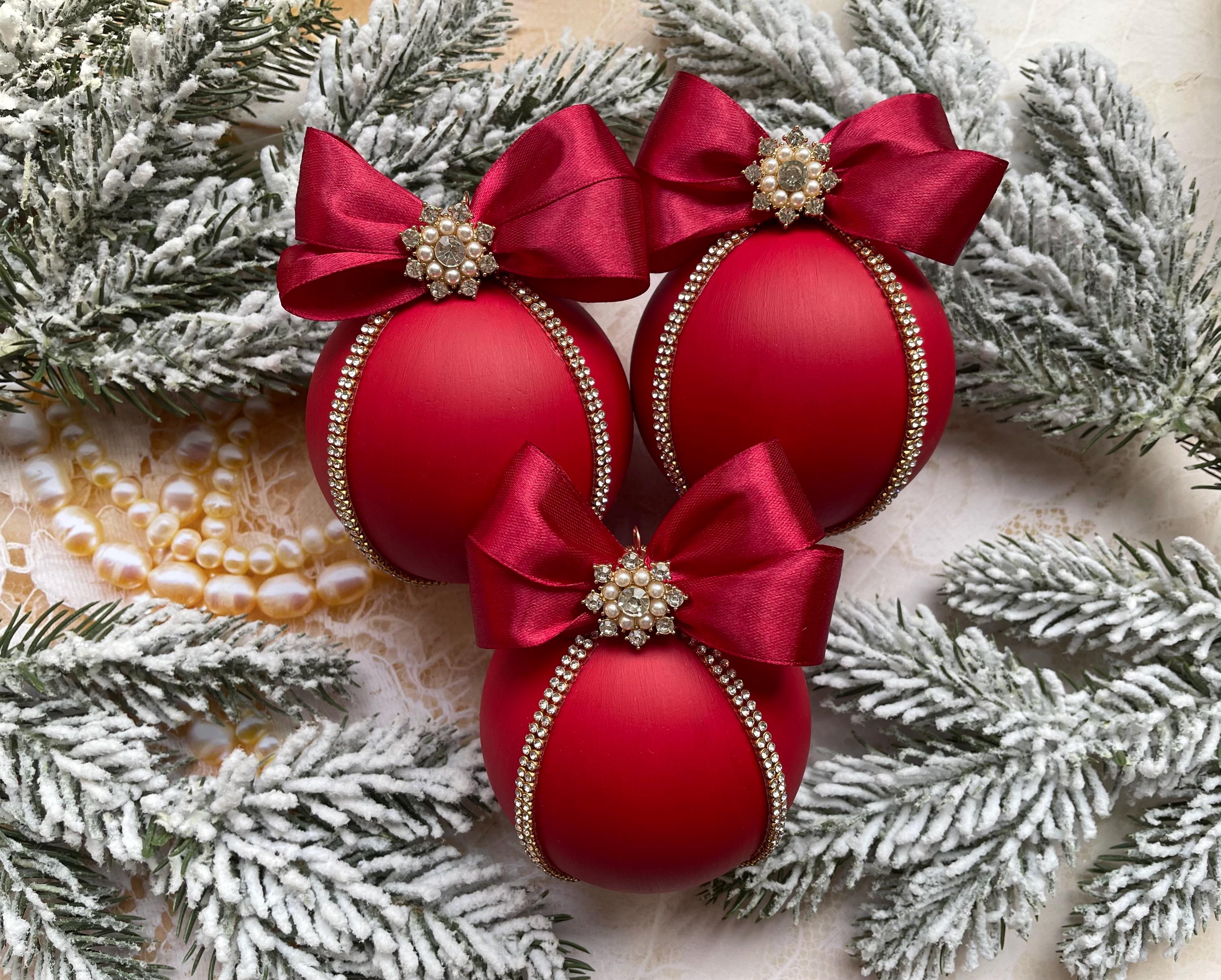 Red Christmas Ornaments Set Xmas Tree Rhinestones Decorations Christmas ...