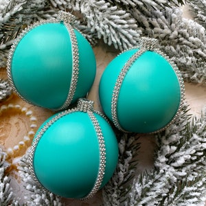Turquoise Christmas ornaments set  Christmas rhinestonesornaments for grandparents handmade Christmas tree ornaments vintage style Xmas deco
