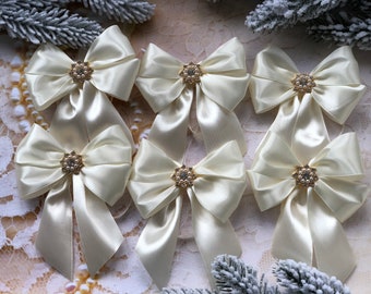 Ivory Christmas bows 6pcs set / Christmas bows for tree / Christmas bows for ornaments/ Christmas decorative bows with cabochons