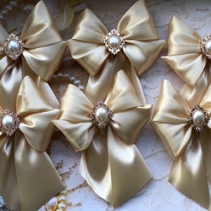 Gold Christmas bows 6pcs set / Christmas light gold bows for tree / Christmas bows for ornaments/ Christmas decorative bows with cabochons