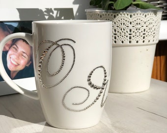 White rhinestones personalized mug Customized sparkling ceramic mug with initials Monogram rhinestone mug with initials