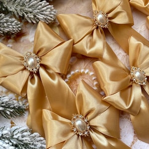 Luxury Gold Christmas Bows Set 6–50pcs | Vintage Style Tree Ornaments with Pearls & Rhinestones | Holiday Decorative Ribbon Bows