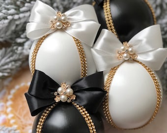 Adornos navideños de diamantes de imitación en blanco y negro / Bolas para árbol de Navidad / Adornos navideños de diamantes de imitación de lujo / Bolas navideñas