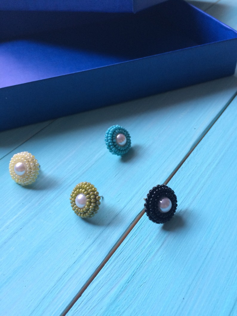 Beaded stud earrings Black-and-White Trendy stud errings Embroidered stud earrings Unique studs Big stud earrings OOAK studs