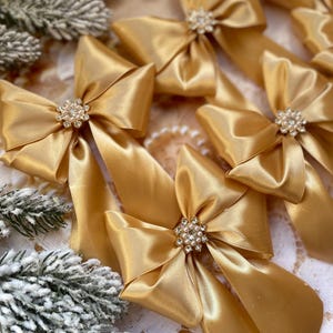 Gold Christmas Bows 6–50pcs | Vintage Style Holiday Tree decor | Christmas tree bows with Pearls & Rhinestones | Christmas tree decor