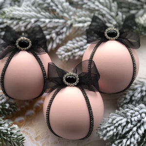 Pink blush Christmas tree balls set with rhinestones Christmas tree ornaments pink and black in vintage style Xmas tree decor