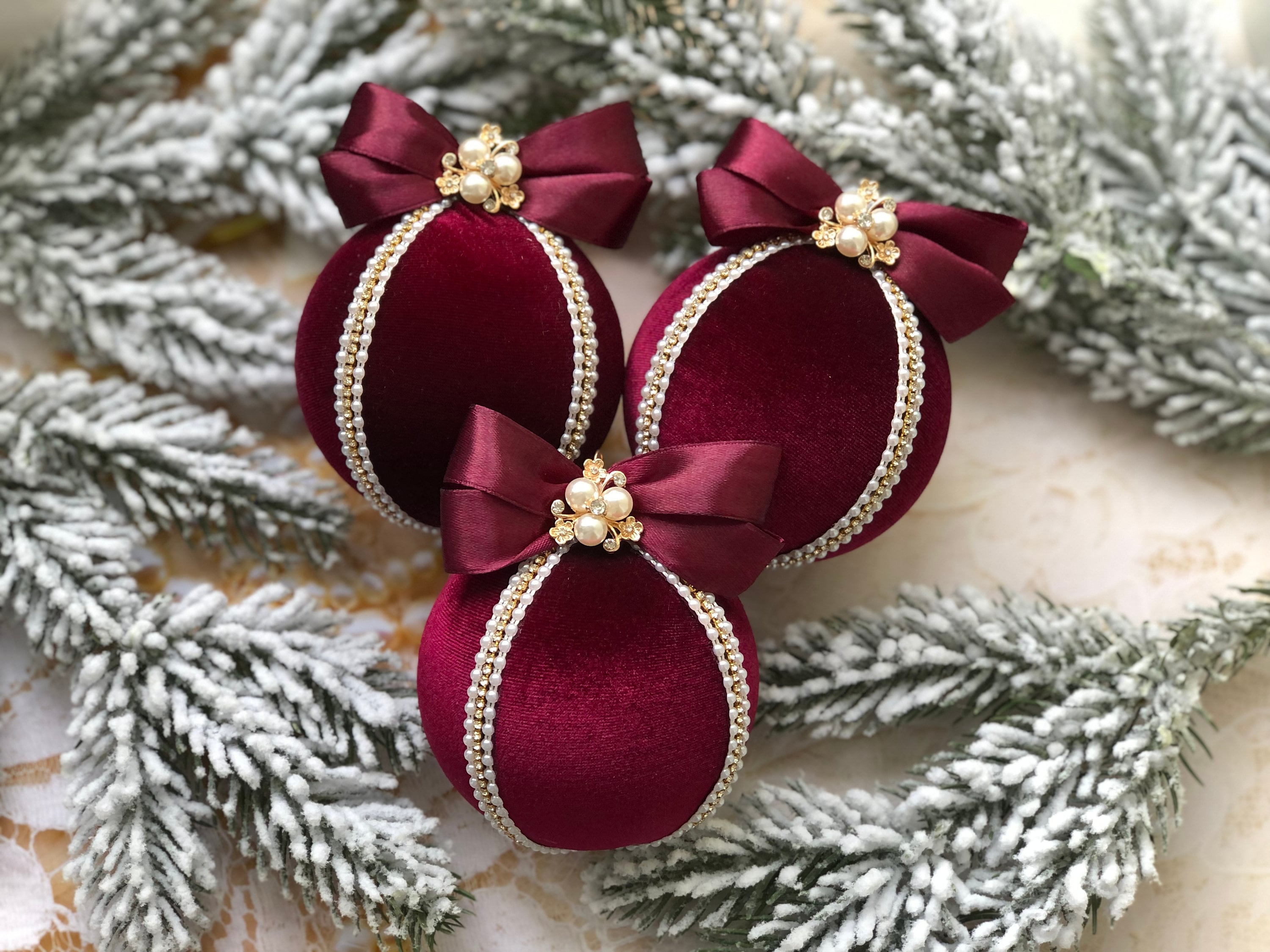 Palline Di Natale In Velluto Bordeaux, 12 Pezzi, 6/8 Cm, Con Anello Per Appendere, Eleganti Decorazioni Per Albero E Casa