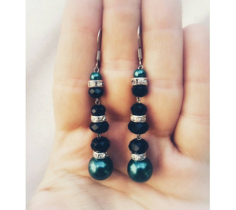 Beaded emerald long earrings party drop black green earrings everyday chandelier earrings big bead stylish bridesmaid earrings