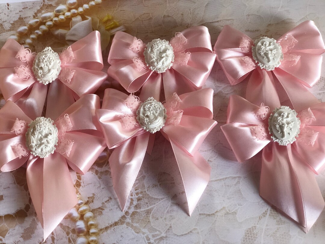 Blush Pink Christmas Tree Bows 6pcs Set Province Christmas Tree Decor Lace Bows With Cameo in