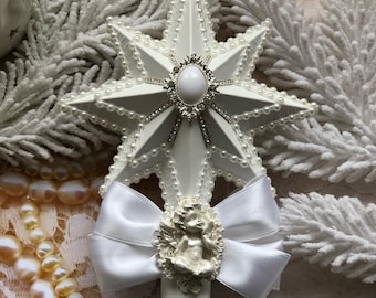 Adorno de estrella para árbol de Navidad, adorno plateado para árbol de Navidad, decoración navideña de estilo vintage.
