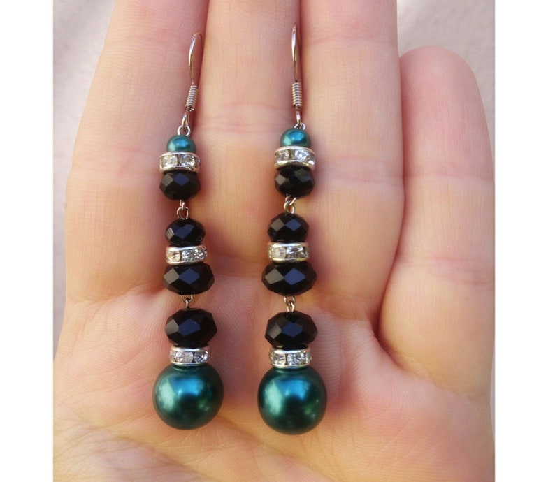 Beaded emerald long earrings party drop black green earrings everyday chandelier earrings big bead stylish bridesmaid earrings