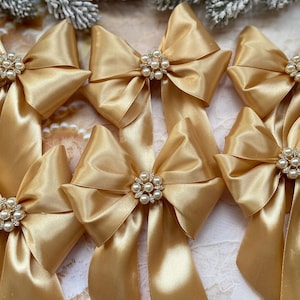 Gold Christmas Bows Set 6–50pcs | Holiday Tree Ornaments bows with Pearls & Rhinestones | Christmas gift idea Premium Xmas Bows in gift box