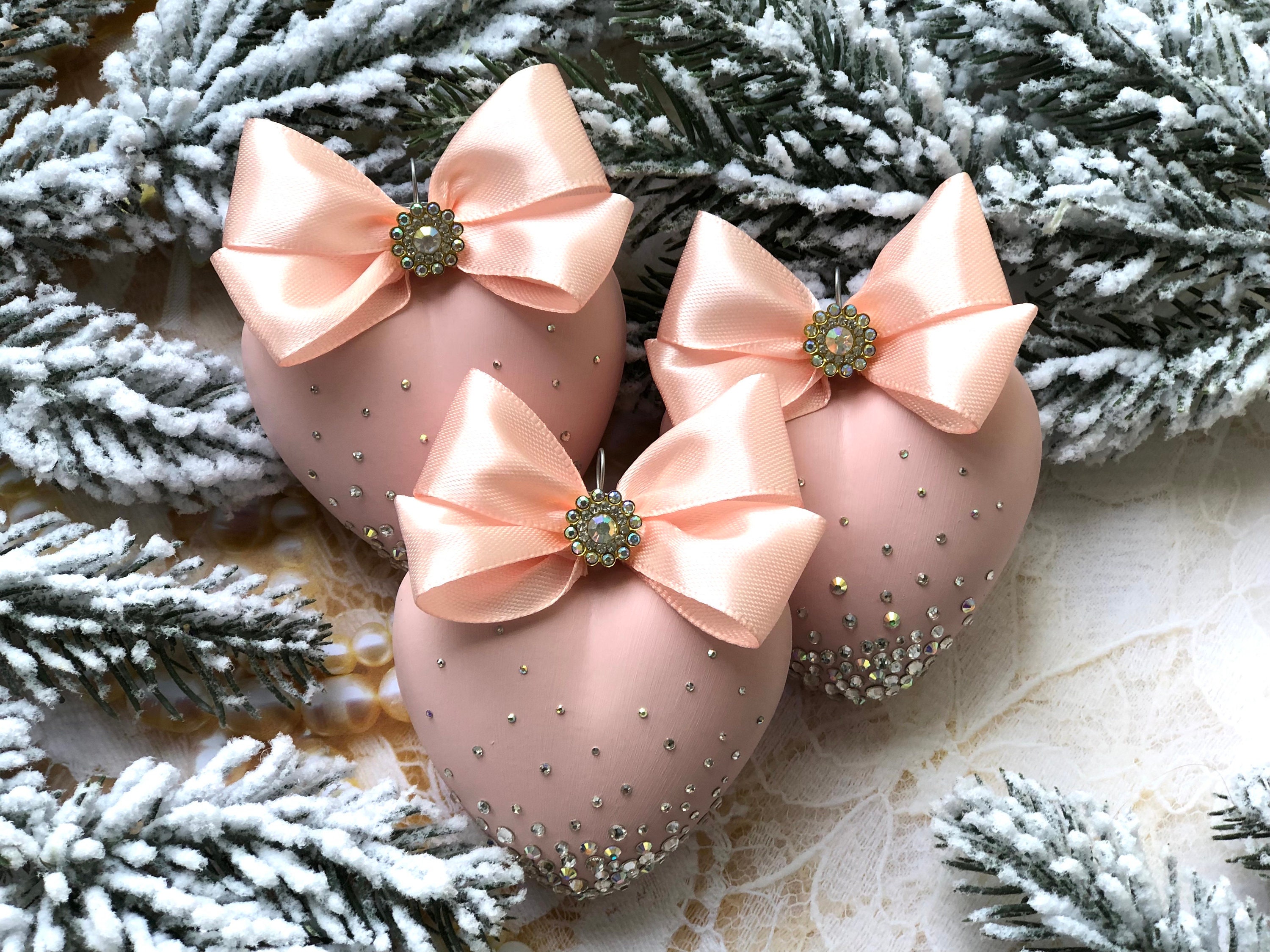 Pink Christmas ornaments hand painted Christmas hearts with rhinestones Christmas tree ornaments for grandparents Xmas decor 2023 balls
