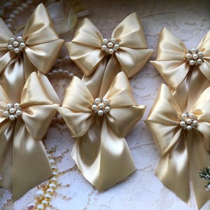 Gold Christmas bows 6pcs set / Christmas light gold bows for tree / Christmas bows for ornaments/ Christmas decorative bows with cabochons