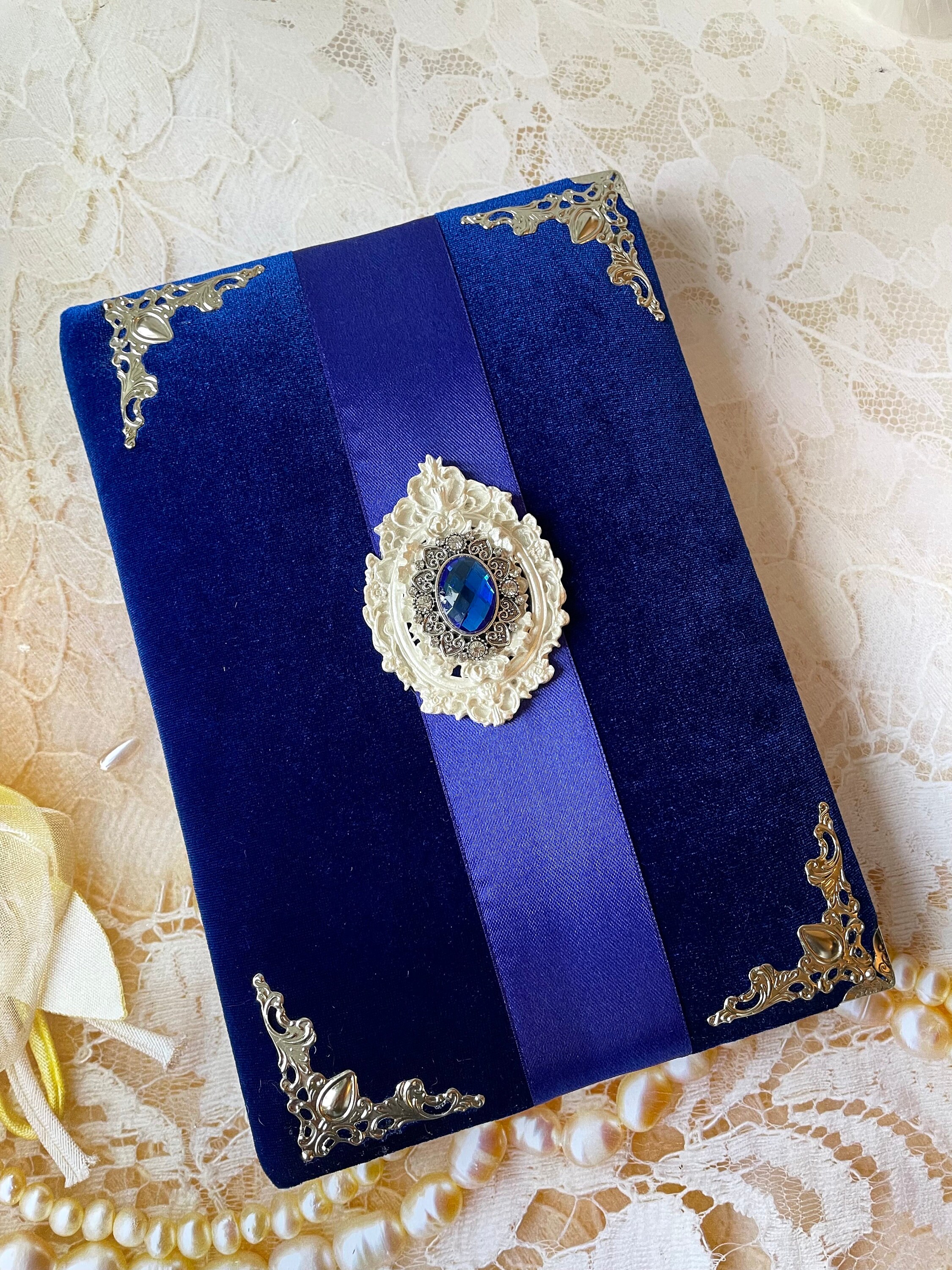 Pretty Blue Notebook Royal Blue Velvet Handmade Notebook Journal in Vintage Style Deep Blue ...
