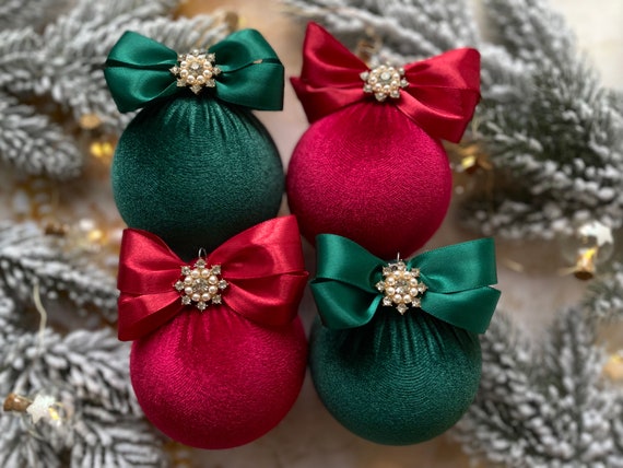 Samt Christbaumschmuck 2025 Weihnachtsschmuck vintage stil rot und grün Christbaumschmuck in Geschenkbox Weihnachtsbaumschmuck