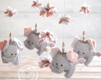 Grey & Pink Elephant Nursery Mobile Girl, Gift for Girl, Elephant Baby Mobile Girl, Nursery Decor, Baby Girl Mobile