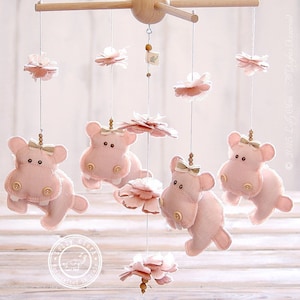 Hippo Baby Mobile Hanging, Baby Girl Nursery, Mobile Girl, Baby Shower, Gift Girl, Mobile, Pink Baby Mobile Girl image 1