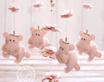 Hippo Baby Mobile Hanging, Baby Girl Nursery, Mobile Girl, Baby Shower, Gift Girl, Mobile, Pink Baby Mobile Girl