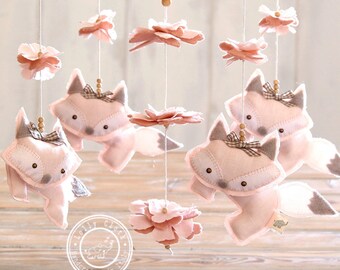 Baby Girl Mobile, Baby Girl Nursery Decor, Pink Fox Mobile, Unique Baby Mobile Hanging, Nursery Mobile Girl /FREE 2