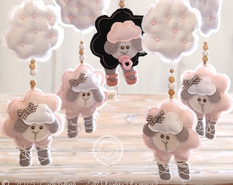 Nursery Mobile Sheeps taking care of a baby black one! Pink & Grey, Pick Your own Colors and Match Your Nursery!