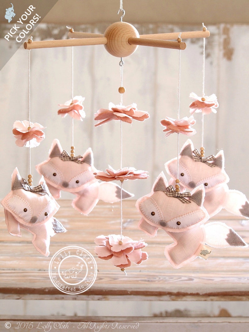 Baby Girl Mobile, Baby Girl Nursery Decor, Pink Fox Mobile, Unique Baby Mobile Hanging, Nursery Mobile Girl /FREE 2 image 1