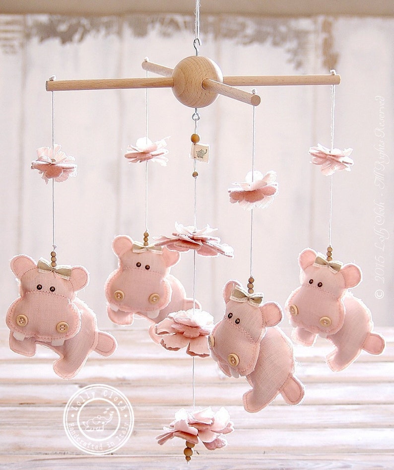 Hippo Baby Mobile Hanging, Baby Girl Nursery, Mobile Girl, Baby Shower, Gift Girl, Mobile, Pink Baby Mobile Girl image 1